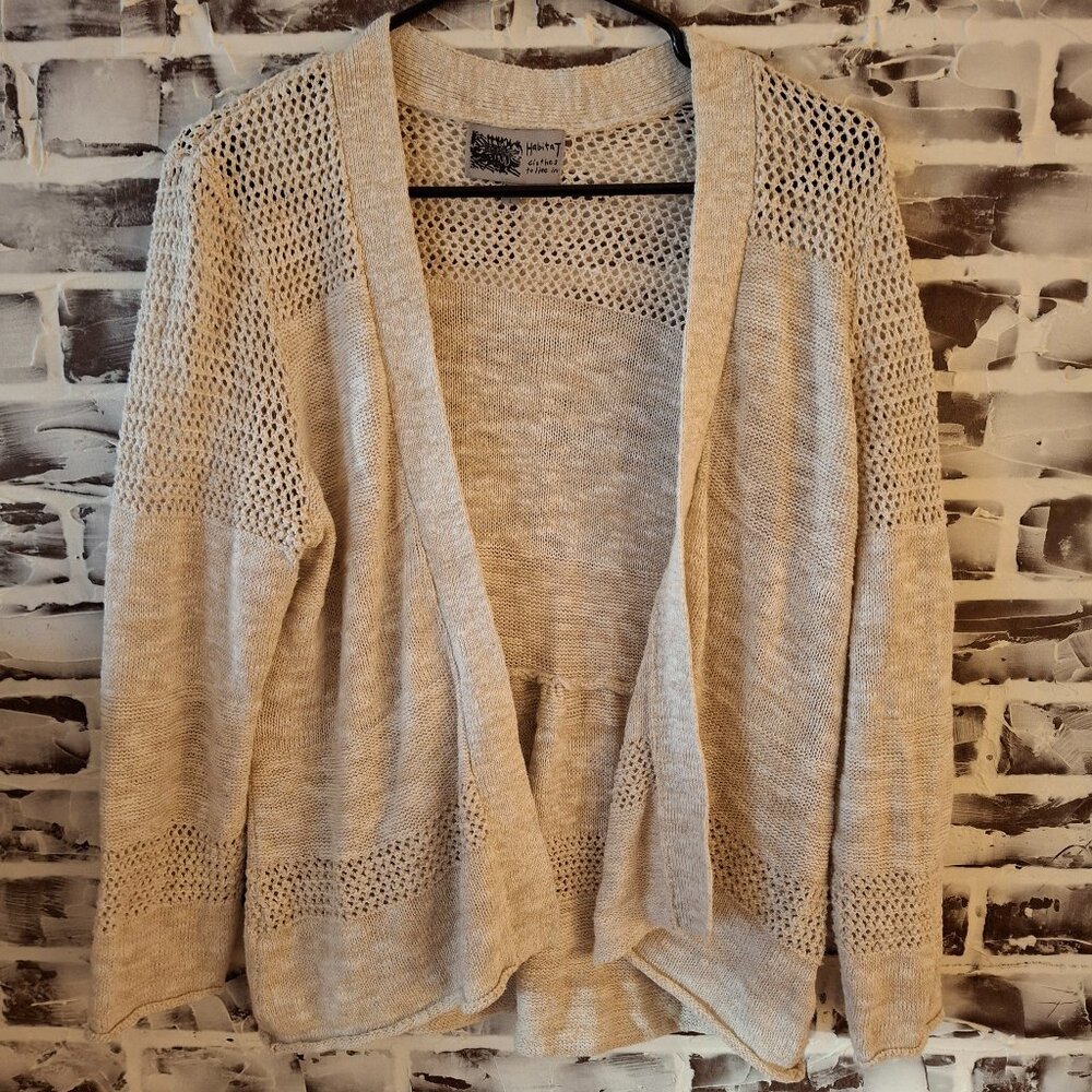 Habitat Clothes To Live In Large Beige Cardigan Sweater Open Front Linen Blend